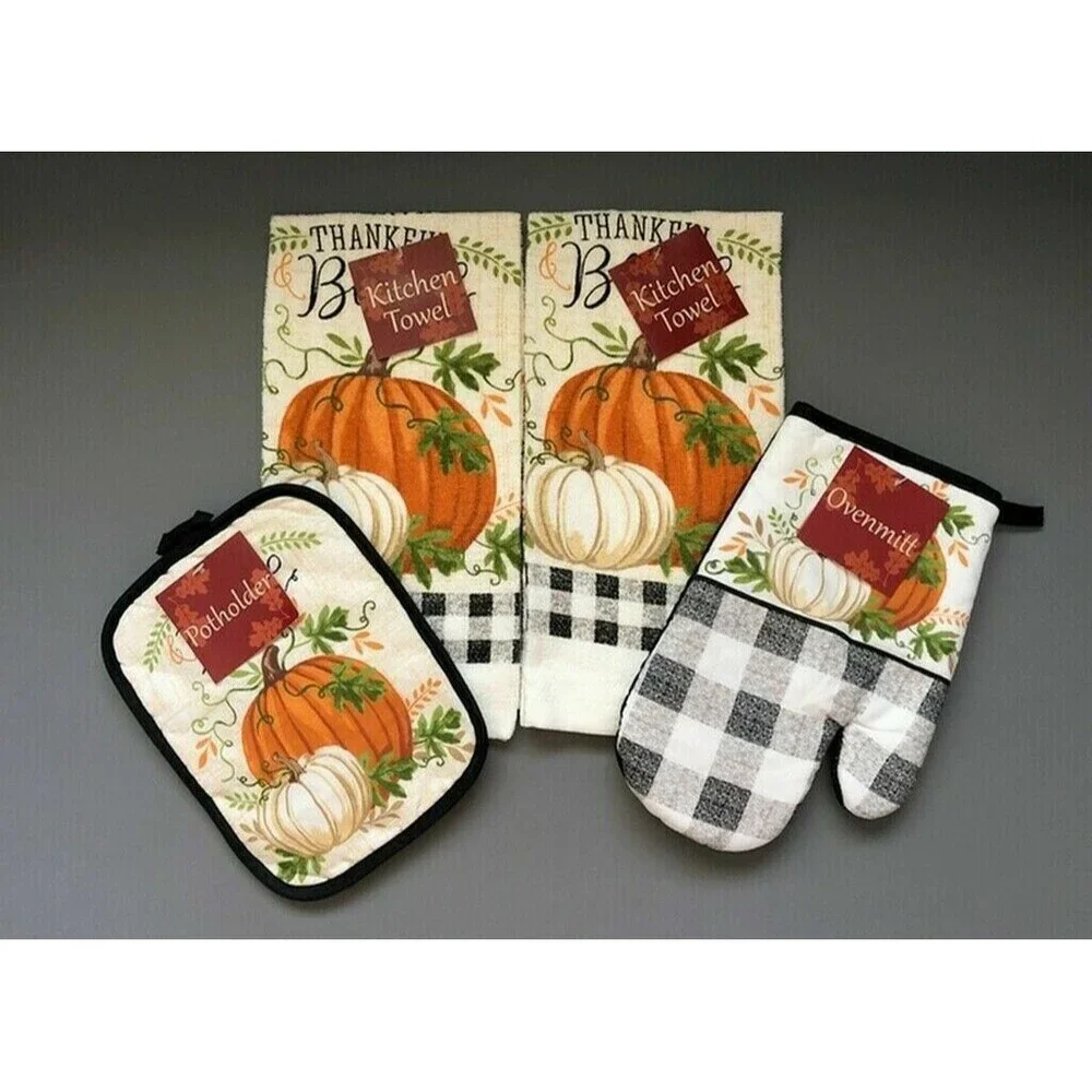 Thankful Blessed Dish Towels Oven Mitt Potholder Set of 4 Thanksgiving Pumpkins
